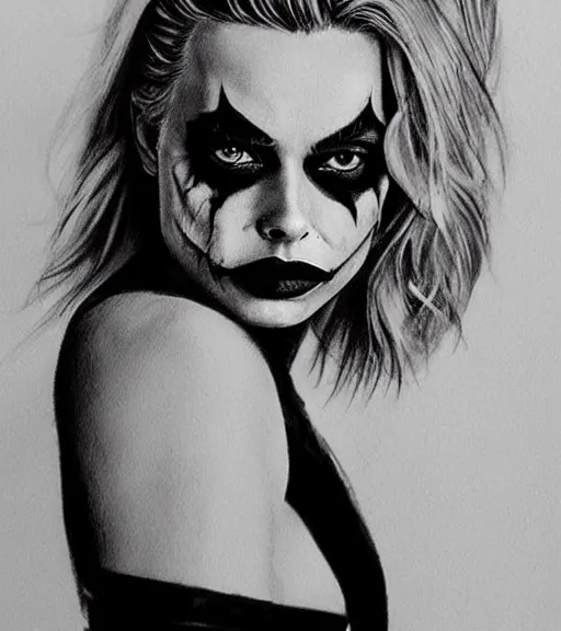 Image similar to tattoo design sketch of beautiful margot robbie portrait with joker makeup, in the style of den yakovlev, realistic face, black and white, faded outline, realism tattoo, hyper realistic, highly detailed