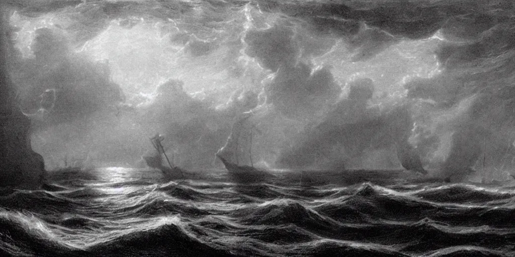 Prompt: it was a night in 1 8 2 0, i hadn't seen a calm sea like that in days, everything seemed too silent to be real, far away i could see the danger that awaited us : the owner of the sea, the terrifying and fearsome cthulhu.