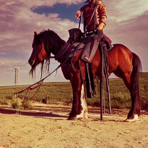 Prompt: alien saddles a horse in a soviet village, top secret style, realistic photo, cinestill 8 0 0 t, 1 9 7 0 s, color