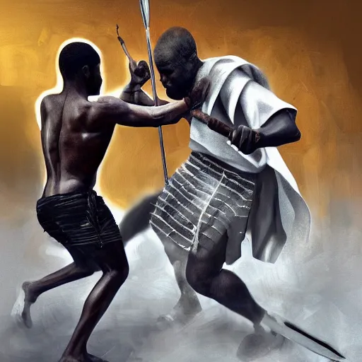 Image similar to a photorealistic digital painting of a human black chess pawn attacking a human white chess king with a spear. trending on artstation.