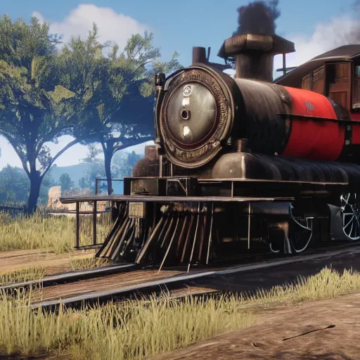 Image similar to futuristic sleek steam locomotive in red dead redemption 2