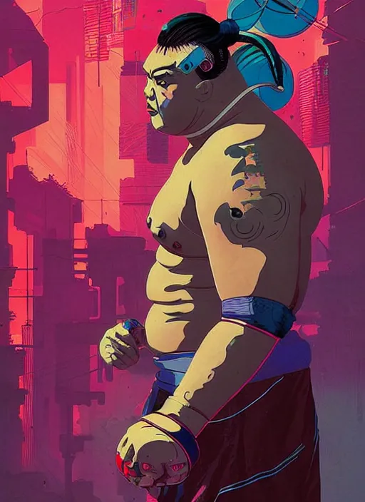 Prompt: cyberpunk sumo wrestler by josan gonzalez splash art graphic design color splash high contrasting art, fantasy, highly detailed, art by greg rutkowski