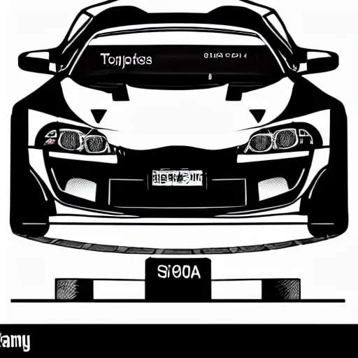 Image similar to diagram of a Toyota Supra JZA80 vehicle, black sketch white background, cartoon design