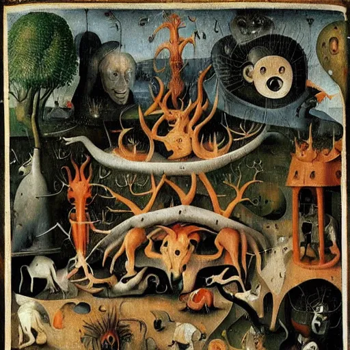 Image similar to vin the garden of beasts, ery detailed and colorful, by Hieronymous Bosch, by M.C. Escher, by Caravaggio, beautiful, eerie, surreal, psychedelic