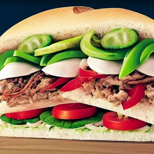 Image similar to promotional shot of the new frog sandwich from subway,