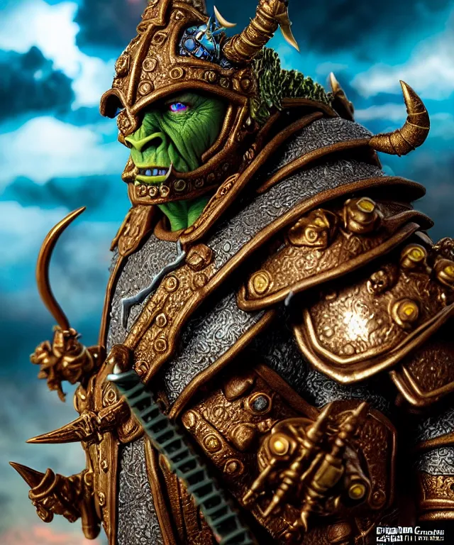 Image similar to hyperrealistic rendering, epic ornate supreme orc goblin overlord, jewel crown, war armor battle, by art of skinner and richard corben, product photography, collectible action figure, sofubi, hottoys, storm clouds, outside, lightning