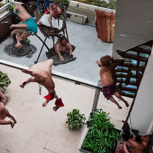 Prompt: some dwarfs are making some backyard somersault from a balcony, photography