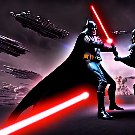 Image similar to ultra detailed picture of a fight where batman is against darth vador, unreal engine, extremely detailed, epic, dark, highly realistic, spiritual masterpiece, beautiful, ultra hd