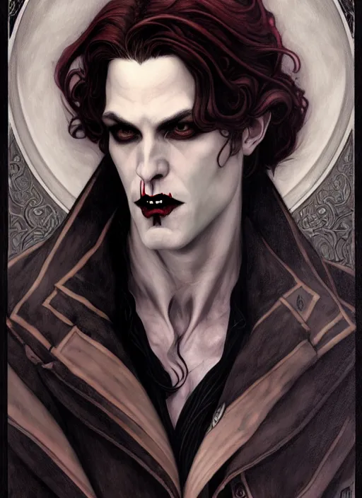 Prompt: an art nouveau, male vampire portrait in the style of charlie bowater, and in the style of donato giancola, and in the style of charles dulac. very large, clear, expressive, intelligent eyes. symmetrical, centered, ultrasharp focus, dramatic lighting, photorealistic digital painting, intricate ultra detailed background.