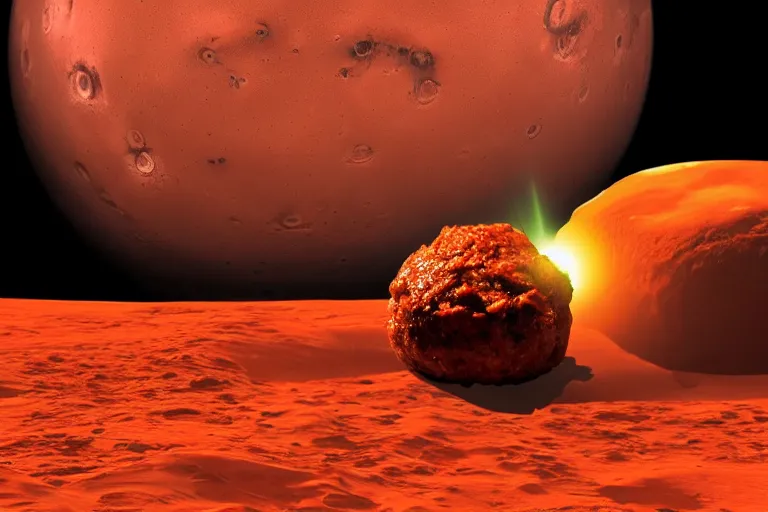 Prompt: a lonely meatball sandwich on mars, red lighting, sad,