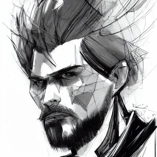 Prompt: concept art character, very high angle view, book cover, very attractive man with beard, walking in cyberpunk valley highly detailed full body, strong masculine features, sturdy body, command presence, royalty, smooth, sharp focus, organic, appealing, book cover, deep shadows, by Dave McKean sketch lineart for character design