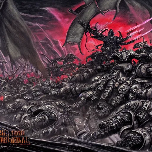 Image similar to Battle of the Imperial Guard on the planet against the Tyranids, Warhammer 40,000, Drawing in a dark Gothic style, super quality, Artist - Phil Moss