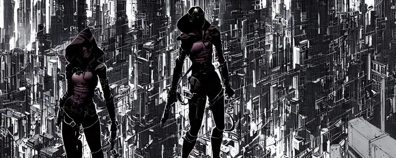 Prompt: a full body silhouette of a lone cyberpunk female assassin weapon on a ready standing over a ledge overlooking a cyberpunk city, by Mike Mignola, Robbie Trevino, ellen jewett, Yoji Shinkawa