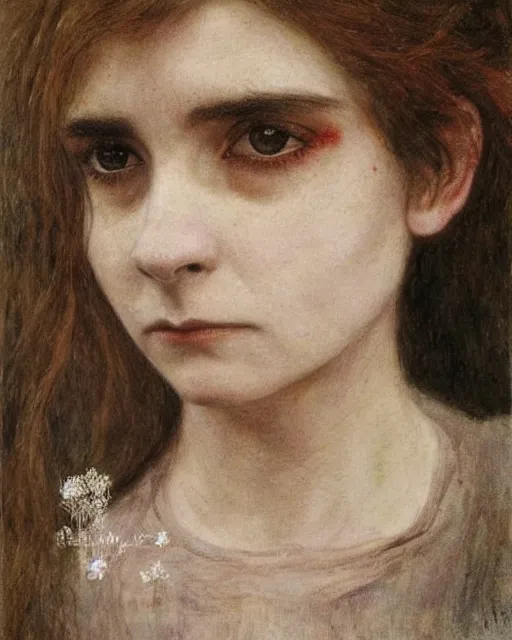 Image similar to a beautiful but sinister, creepy young woman who looks like a young shirley henderson in layers of fear, with haunted eyes and curly hair, 1 9 7 0 s, seventies, delicate embellishments, a little blood, crimson, painterly, offset printing technique, by jules bastien - lepage