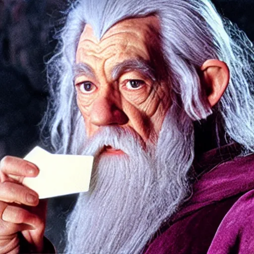 Prompt: portrait of gandalf with a pink bowtie on the side of his head, holding a blank playing card up to the camera, movie still from the lord of the rings