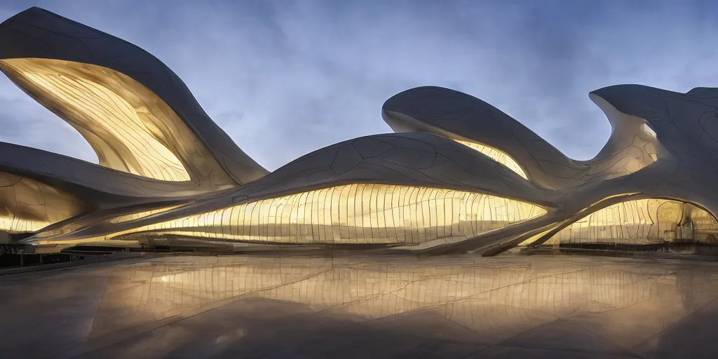 Image similar to extremely detailed ornate stunning sophisticated beautiful elegant futuristic museum exterior by Zaha Hadid, stunning volumetric light, stainless steal, concrete, translucent material, beautiful sunset, tail lights