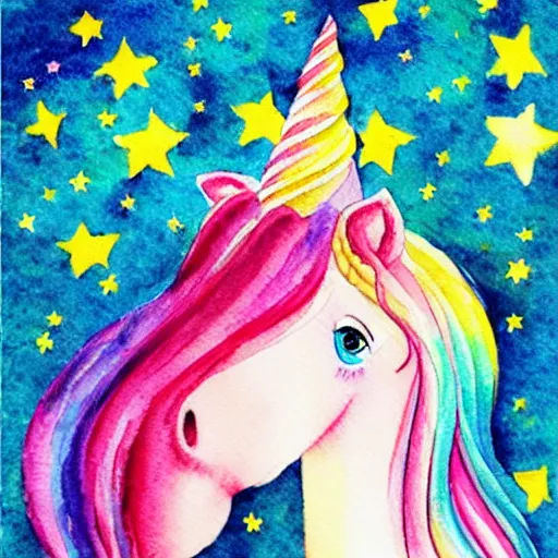 Prompt: girl and unicorn, illustration, cute watercolor children book colorful