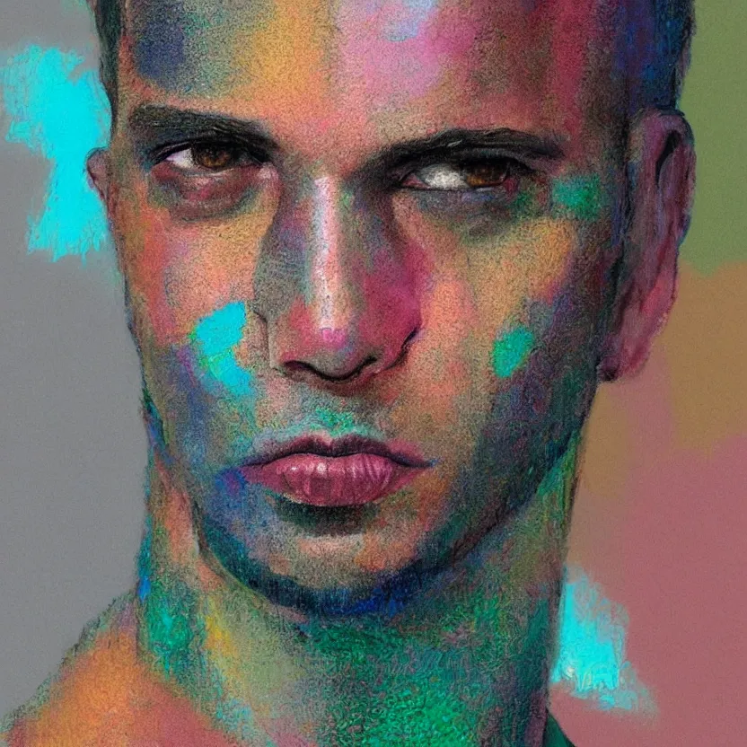 Prompt: close up portrait painting of a male in nineties street styling, concept art, intricate details, aesthetically pleasing pastel colors, art by rotella, mimmo, collage, portrait