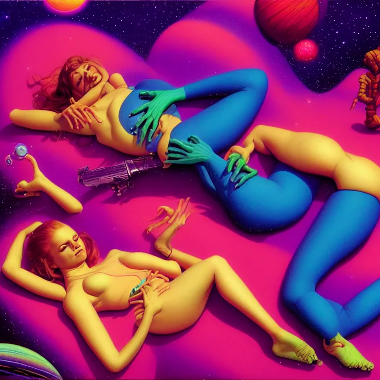 Image similar to cosmic girl, 2 0 yo, reclining close - up, bright neon colors, highly detailed, cinematic, tim white, michael whelan, roger dean, bob eggleton, philippe druillet, vladimir kush, kubrick, alfred kelsner