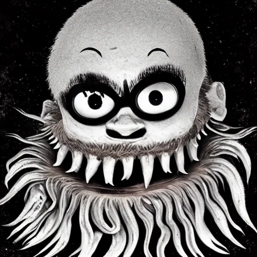 Image similar to filmic bearded man with living teeth and tentacles in the style of the horror film The Thing 1982