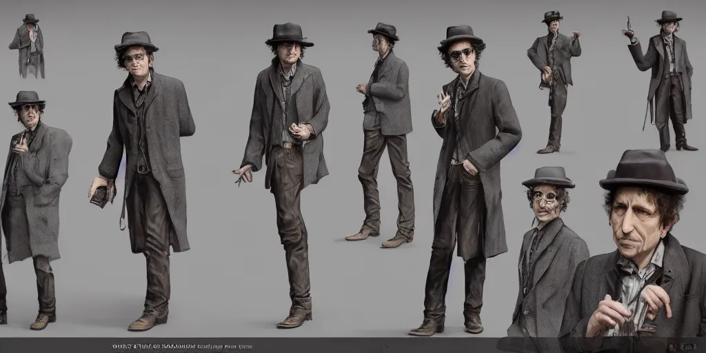 Prompt: bob dylan as a 2 0 s roving gambler, character sheet, concept design, contrast, greg rutkowski, zabrocki, karlkka, jayison devadas, trending on artstation, 8 k, 3 d scene, photo, realistic, octane render, ultra wide angle, pincushion lens effect