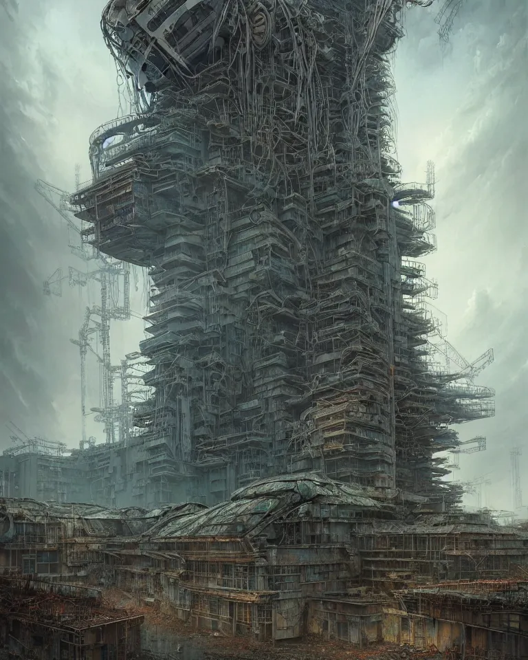 Prompt: low angle shot of a cyberpunk robot building in chernobyl, intricate, elegant, highly detailed, centered, digital painting, artstation, concept art, smooth, sharp focus, illustration, artgerm, tomasz alen kopera, peter mohrbacher, donato giancola, joseph christian leyendecker, wlop, boris vallejo