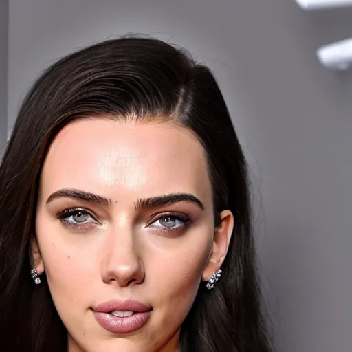 Prompt: a woman who is a genetic combination of kim kardashian and kat dennings and scarlett johansson and margot robbie and emma watson, face and upper - body focus, detailed eyes