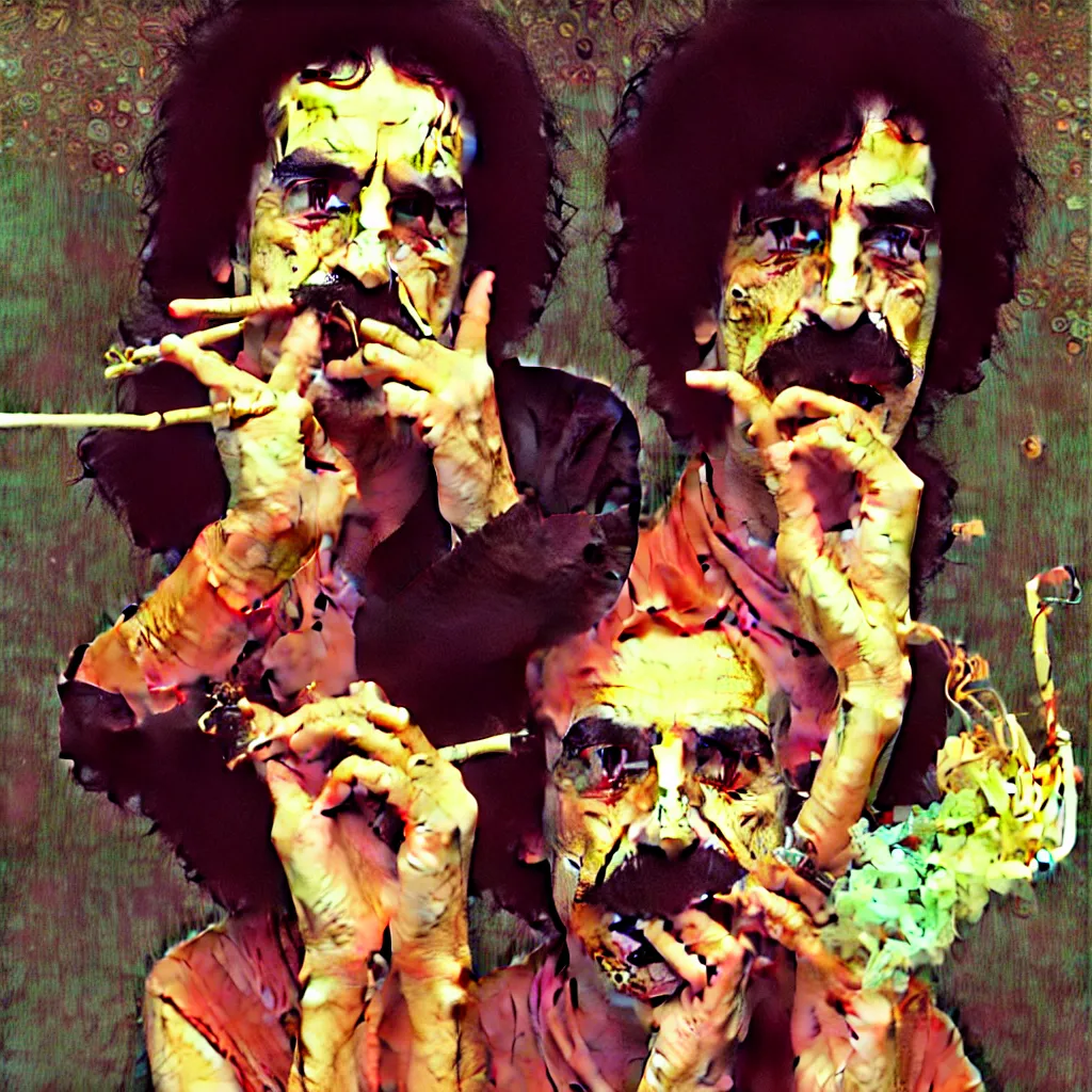 Image similar to weird and disturbing portrait of frank zappa smoking, vivid colors, neon, art by ( ( ( kuvshinov ilya ) ) ) and wayne barlowe and gustav klimt and artgerm and wlop and william - adolphe bouguereau