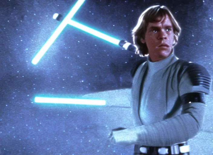 Image similar to screenshot from the lost star wars film, blue transparent hologram of Luke Skywalker, iconic scene from Star Wars, directed by Stanely Kubrick, moody cinematography, with anamorphic lenses, crisp, detailed, 4k