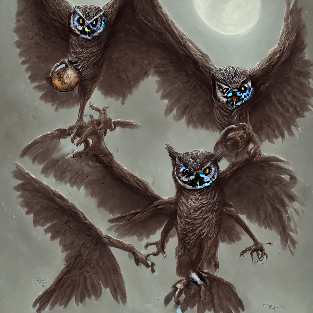 Prompt: an incredibly scary owl with its wings outstretched and with huge bulging eyes, digital art, fantasy, oil on canvas, trending on artstation