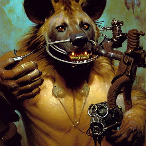 Image similar to portrait of a hyena gnoll dentist. shadowrun furaffiniy cyberpunk fantasy highly detailed painting by gaston bussiere craig mullins jc leyendecker gustav klimt artgerm greg rutkowski john berkey, bergey, craig mullins, ruan jia, raymond swanland, jeremy mann, tom lovell, alex malveda