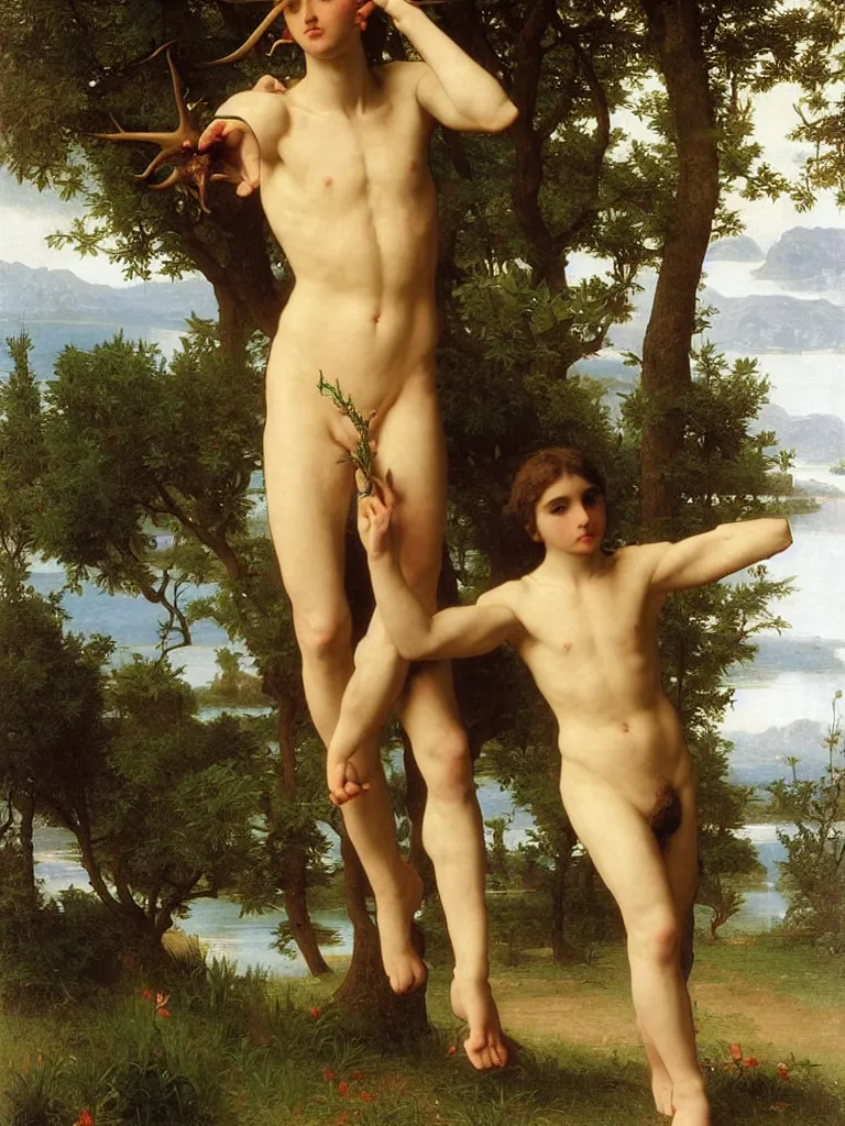 Image similar to a perfect male god with antlers by the lake, by bouguereau and by andrey remnev