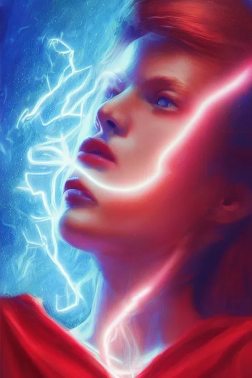 Image similar to 3 d, sci - fi, morning, sleepy fashion model face, sun, neon, cinematic, lightning clouds, vogue cover style, poster art, light red and deep blue mood, realistic painting, intricate oil painting, high detail, figurative art, multiple exposure, poster art, 3 d, by tooth wu and wlop and beeple and greg rutkowski