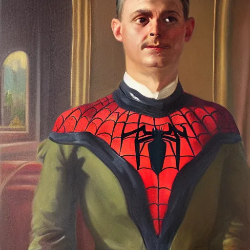 Prompt: portrait of spiderman as the german chancellor, 1 9 3 5, military uniform, oil on canvas by william sidney mount, trending on artstation