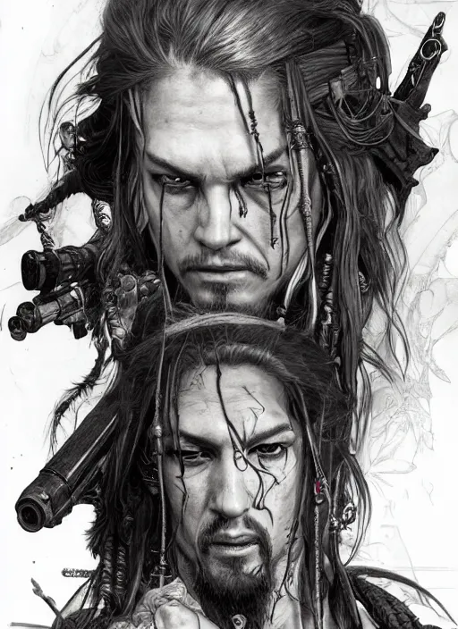 Image similar to detailed pencil spot illustrations of various character concepts from cyberpunk and pirates of the caribbean movie, various poses, by burne hogarth, by bridgeman, by anthony ryder, by yoshitaka amano, by ruan jia, by conrad roset, by mucha, artstation, artstation.