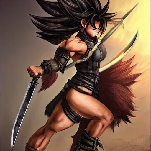 Image similar to realistic art style, warrior girl, muscular girl, wild spiky black saiyan hair, long spiky hair, electrified hair, holding scimitar made of bone, scimitar, sword, jagged sword, curved sword, orkish sword, colorized, gray skin, hyper - detailed, primeval fantasy, prehistoric fantasy, art by jacques - louis david