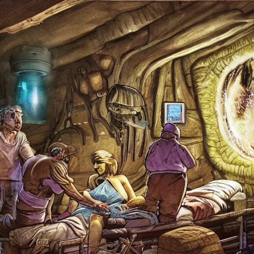 Image similar to primitive extraterrestrial villagers caring for severely injured butch blond woman at bedside, inside primitive hut, cinematic, worm's eye view, dramatic lighting, illustration, ron cobb, mike mignogna, science fiction, detailed painting, high detail, rough paper