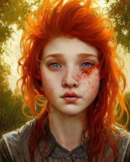 Image similar to portrait of 1 4 - year - old girl with flaming red hair, a lot of freckles, and bright brown eyes, wearing shirt, hyper realistic face, beautiful eyes, fantasy art, in the style of greg rutkowski, intricate, alphonse mucha, hyper detailed, smooth