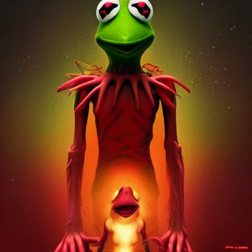 Image similar to movie poster for End of Evangelion Kermit the Frog as a glowing god, like blackpink lisa+smoky eyes+front face l, ultradetail face, art and illustration by tian zi and craig mullins and WLOP and alphonse mucha, fantasy, intricate complexity, human structure, human anatomy, fantasy character concept, watermark, blurry, hyperrealism 8k