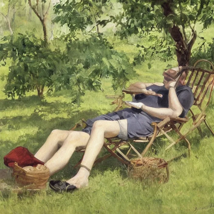 Prompt: lazy entomologist in the shade. painting by bernard emile