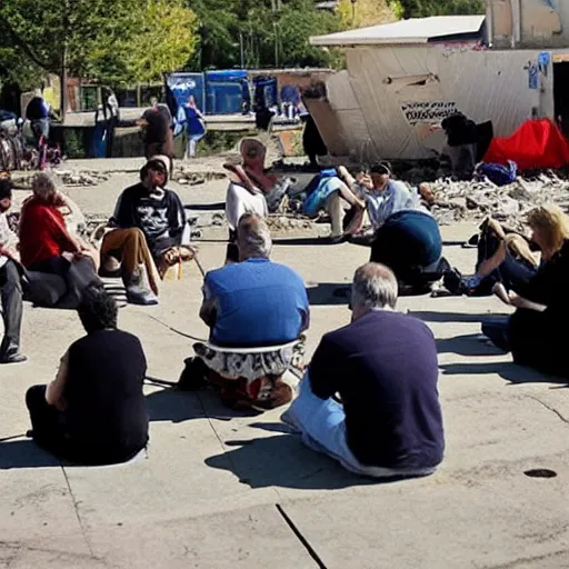 Prompt: people sitting around witnessing the last day of planet earths destruction