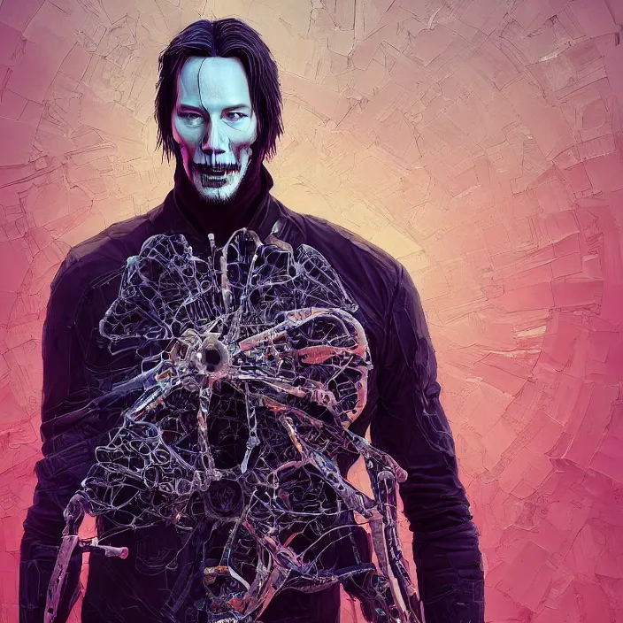 Image similar to portrait of Keanu Reeves as skeleton. intricate abstract. intricate artwork. by Tooth Wu, wlop, beeple, dan mumford. octane render, trending on artstation, greg rutkowski very coherent symmetrical artwork. cinematic, hyper realism, high detail, octane render, 8k, iridescent accents