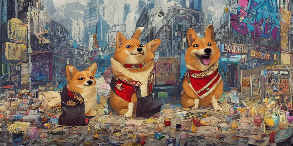 Prompt: beautiful painting scene of a Lofi hiphop corgi assassin king, by Adam Paquette, Aggi Erguna, Alan Moore. trending on Artstation, 8k, masterpiece, graffiti paint, fine detail, full of color, intricate detail, golden ratio illustration