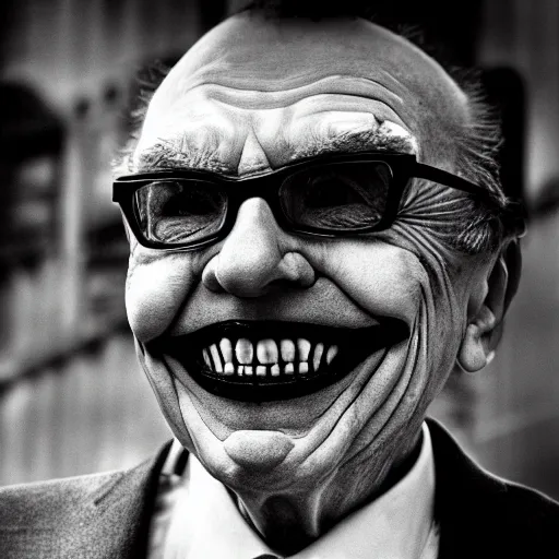 Prompt: Rupert Murdoch as The Joker, Rupert Murdoch, satan, portrait photography, depth of field, bokeh