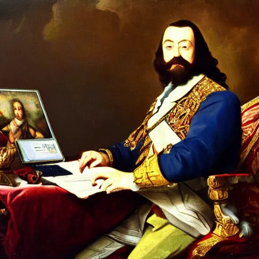 Prompt: russian tsar Peter The Great 18th century installs operating system on desktop computer oil painting, detailed, artfully traced, 4k resolution, cinematic, dramatic