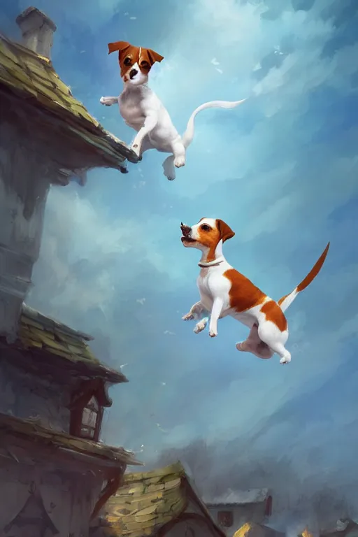 Prompt: adorable jack russel terrier jumping over a small house, fantasy art, artstation character design contest winner, trending on cgsociety, concept art, speedpaint, beautiful digital art, jesper ejsing, james jean, justin gerard, fenghua zhong, makoto shinkai, highly detailed