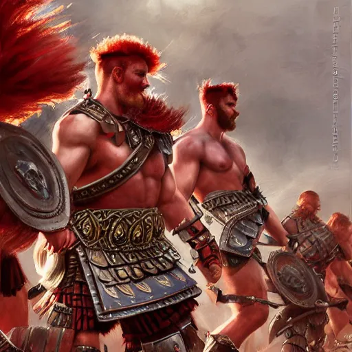 Image similar to bulky muscular scottish warriors with red hair, tribal blood red war paintings, waist plate armor, 4 k oil on linen by wlop, artgerm, andrei riabovitchev, nuri iyem, james gurney, james jean, greg rutkowski, highly detailed, soft lighting 8 k resolution