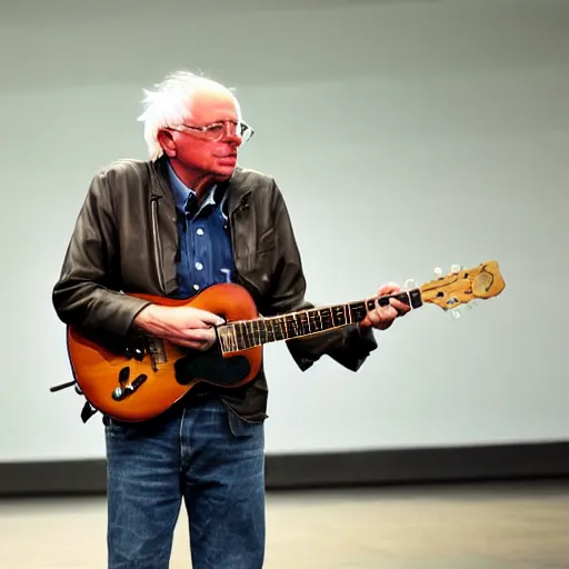 Prompt: bernie sanders with long hair and a leather jacket, playing electric guitar