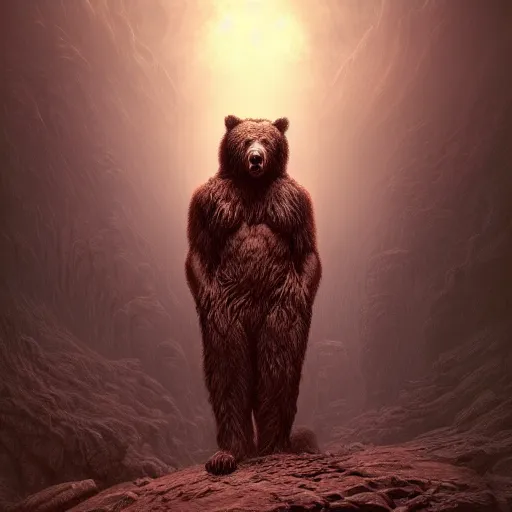 Image similar to photorealistic bear demon in the style of michael whelan and gustave dore. hyperdetailed photorealism, 1 0 8 megapixels, amazing depth, glowing rich colors, powerful imagery, psychedelic overtones, 3 d finalrender, 3 d shading, cinematic lighting, artstation concept art