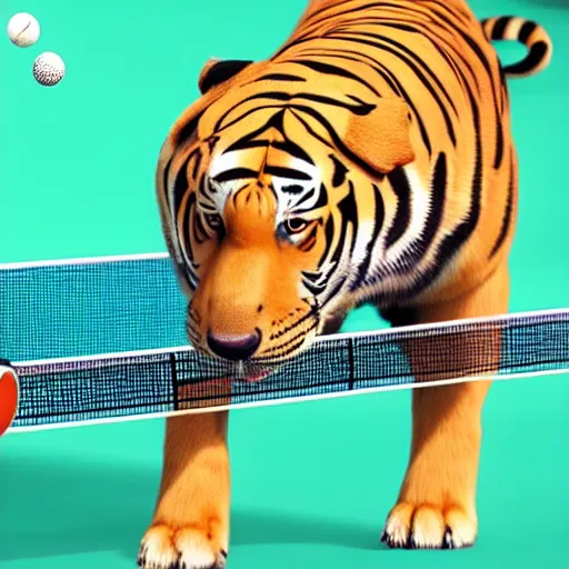 Prompt: a cute labrador playing pingpong with a tiger, highly detailed illustration, trending on artstation, octane render, 4 k